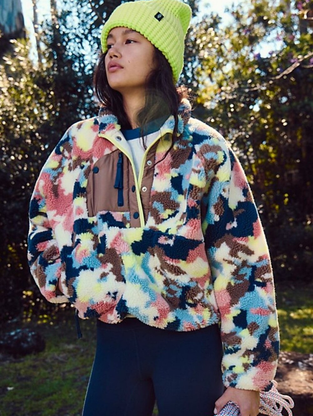 NEW Free People Multi-Color Sherpa Pullover with YELLOW LIME Trim HIT THE SLOPES - Picture 2 of 9